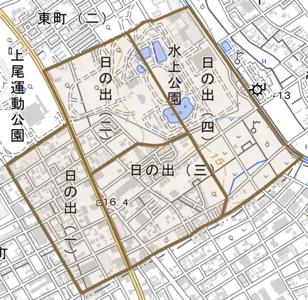 日の出とその周辺の地図。町の範囲を重ねている