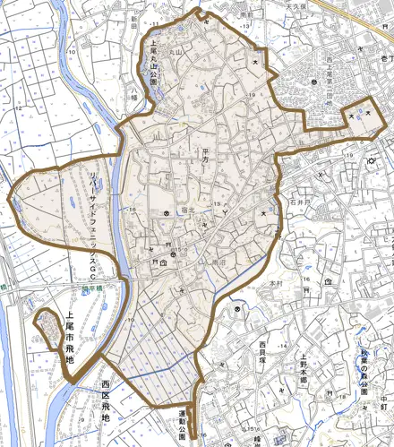 大字平方とその周辺の地図。町の範囲を重ねている