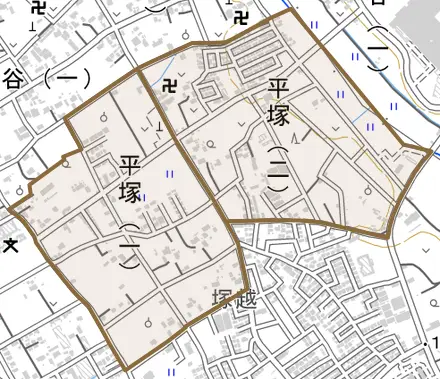 平塚とその周辺の地図。町の範囲を重ねている