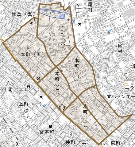 本町とその周辺の地図。町の範囲を重ねている