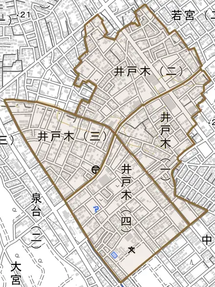 井戸木とその周辺の地図。町の範囲を重ねている