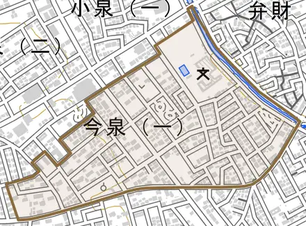 今泉とその周辺の地図。町の範囲を重ねている