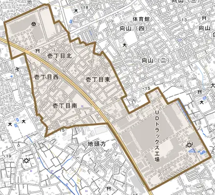 大字壱丁目とその周辺の地図。町の範囲を重ねている