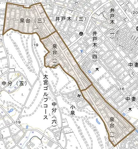 泉台とその周辺の地図。町の範囲を重ねている