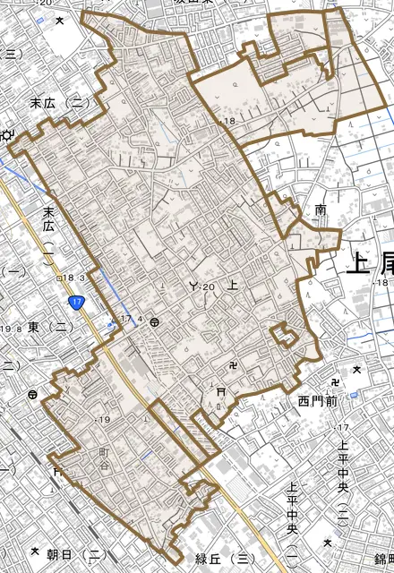 大字上とその周辺の地図。町の範囲を重ねている
