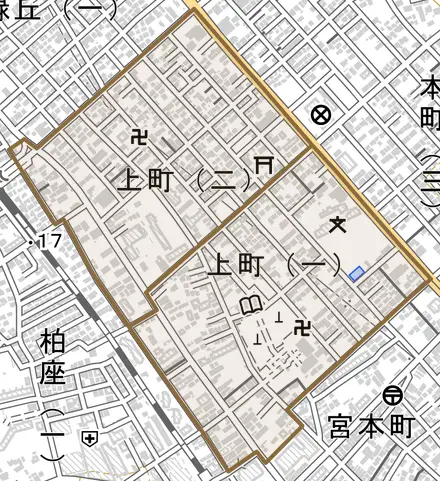 上町とその周辺の地図。町の範囲を重ねている