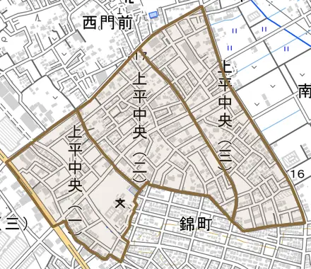 上平中央とその周辺の地図。町の範囲を重ねている