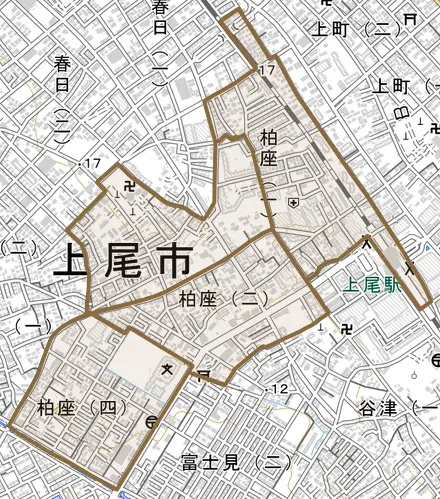 柏座とその周辺の地図。町の範囲を重ねている