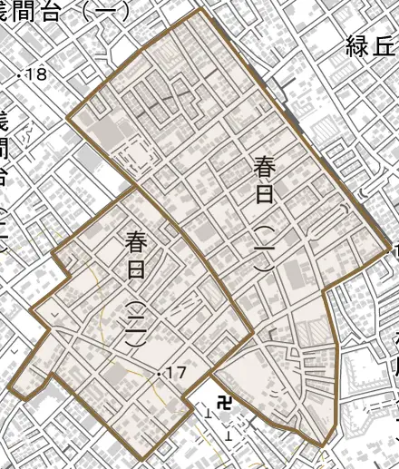 春日とその周辺の地図。町の範囲を重ねている