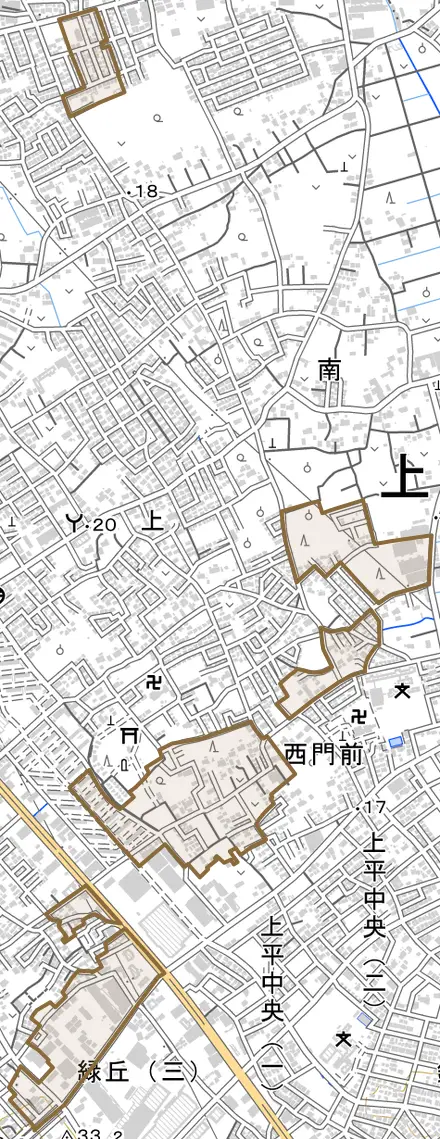 大字久保とその周辺の地図。町の範囲を重ねている