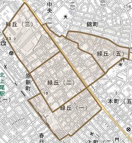 緑丘とその周辺の地図。町の範囲を重ねている