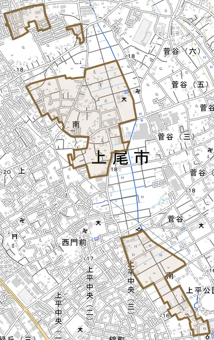 大字南とその周辺の地図。町の範囲を重ねている