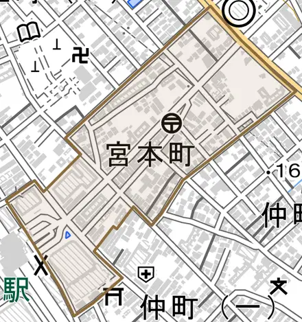 宮本町とその周辺の地図。町の範囲を重ねている
