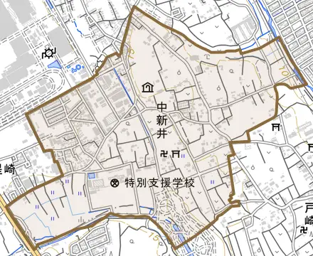 大字中新井とその周辺の地図。町の範囲を重ねている