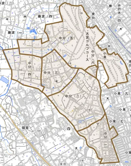 中分とその周辺の地図。町の範囲を重ねている