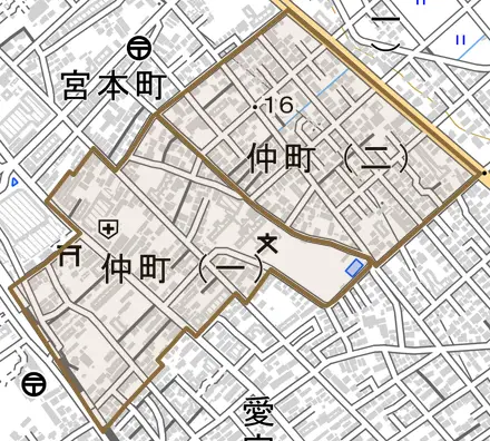 仲町とその周辺の地図。町の範囲を重ねている