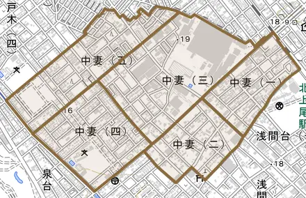 中妻とその周辺の地図。町の範囲を重ねている
