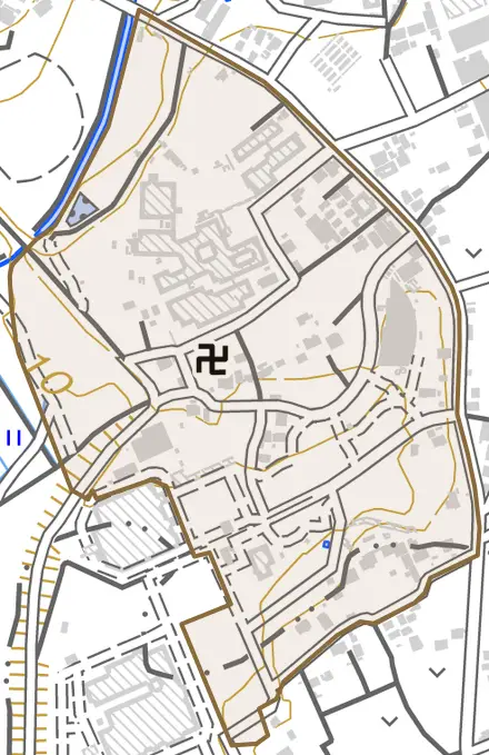 大字西貝塚とその周辺の地図。町の範囲を重ねている