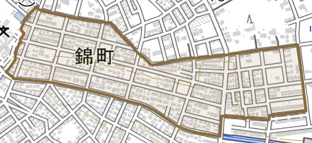 錦町とその周辺の地図。町の範囲を重ねている