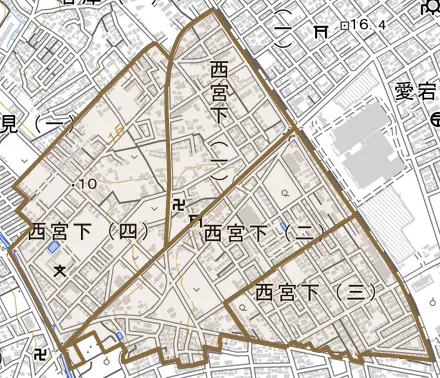 西宮下とその周辺の地図。町の範囲を重ねている