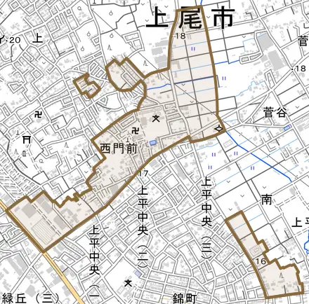 大字西門前とその周辺の地図。町の範囲を重ねている