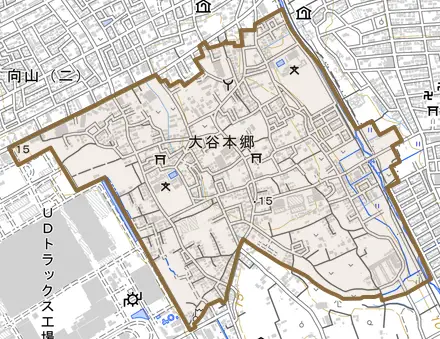 大字大谷本郷とその周辺の地図。町の範囲を重ねている
