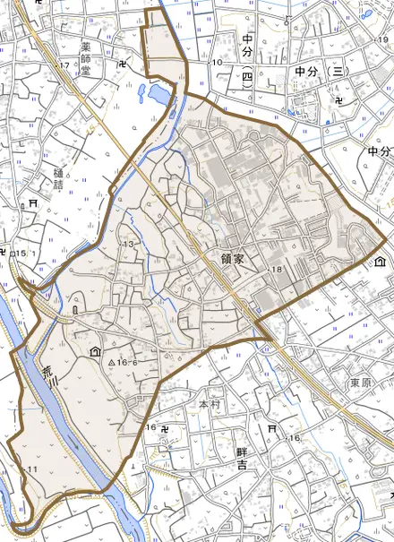 大字領家とその周辺の地図。町の範囲を重ねている