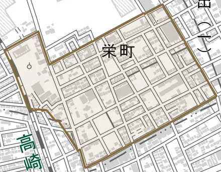 栄町とその周辺の地図。町の範囲を重ねている