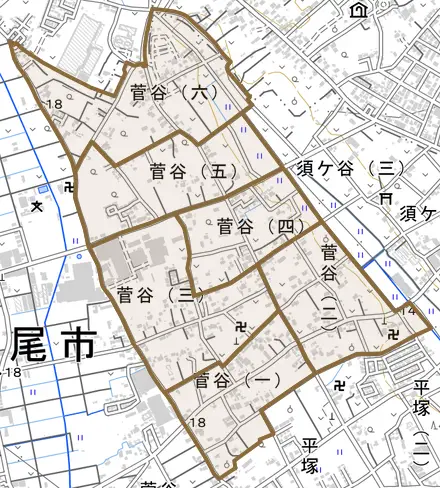 菅谷とその周辺の地図。町の範囲を重ねている