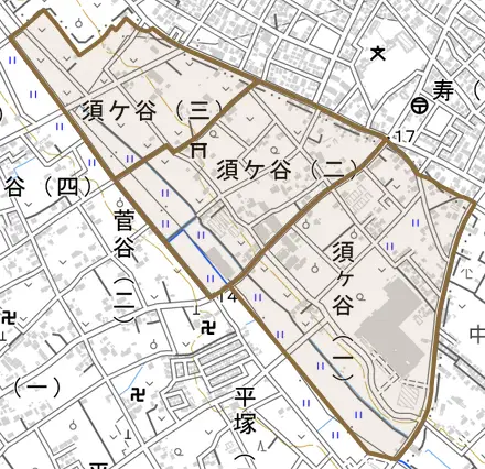 須ケ谷とその周辺の地図。町の範囲を重ねている