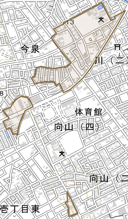 大字川とその周辺の地図。町の範囲を重ねている