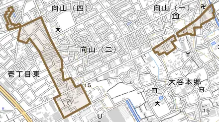 大字向山とその周辺の地図。町の範囲を重ねている