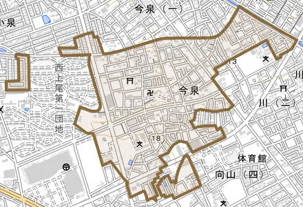 大字今泉とその周辺の地図。町の範囲を重ねている