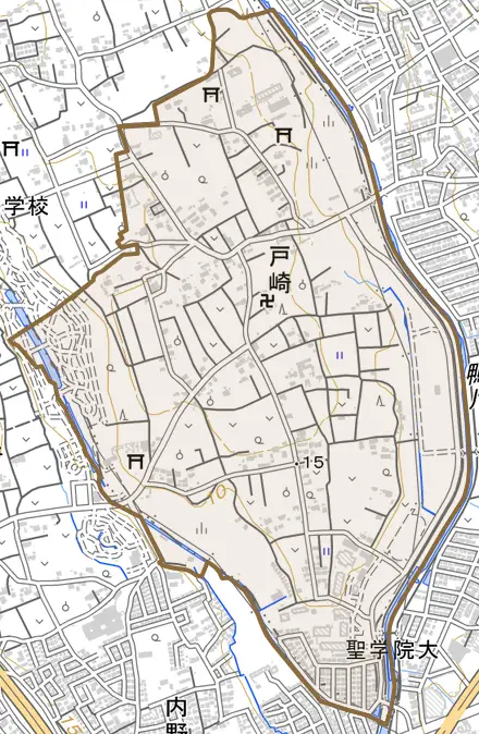 大字戸崎とその周辺の地図。町の範囲を重ねている