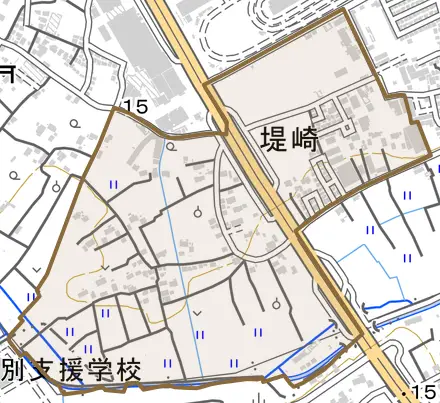 大字堤崎とその周辺の地図。町の範囲を重ねている