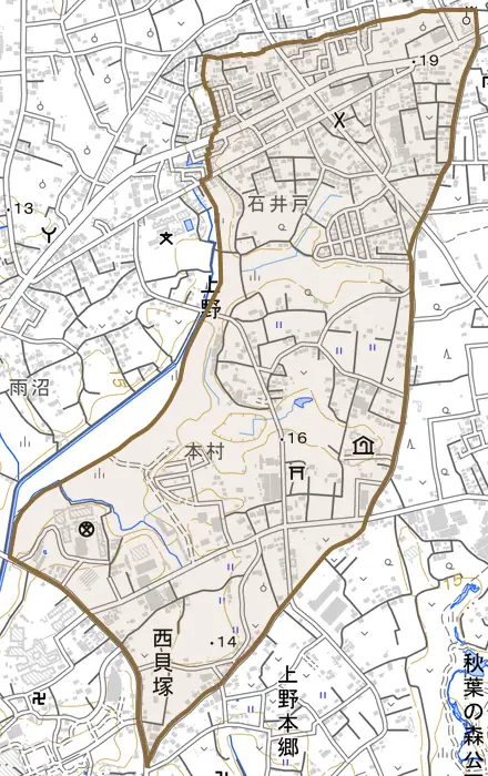 大字上野とその周辺の地図。町の範囲を重ねている