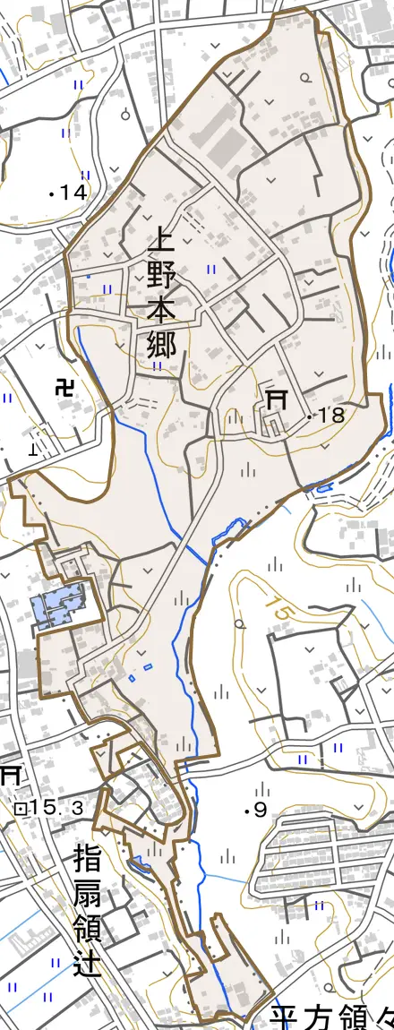 大字上野本郷とその周辺の地図。町の範囲を重ねている