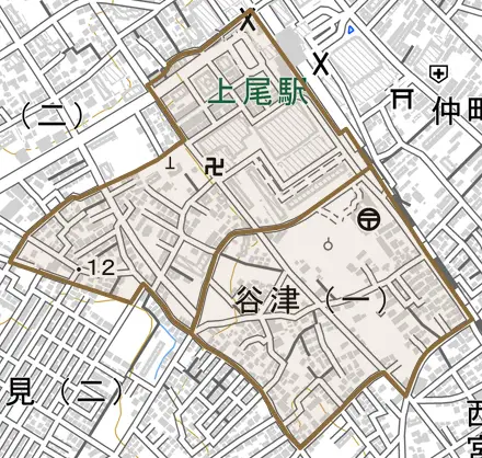 谷津とその周辺の地図。町の範囲を重ねている