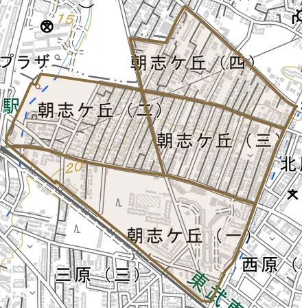 朝志ケ丘とその周辺の地図。町の範囲を重ねている