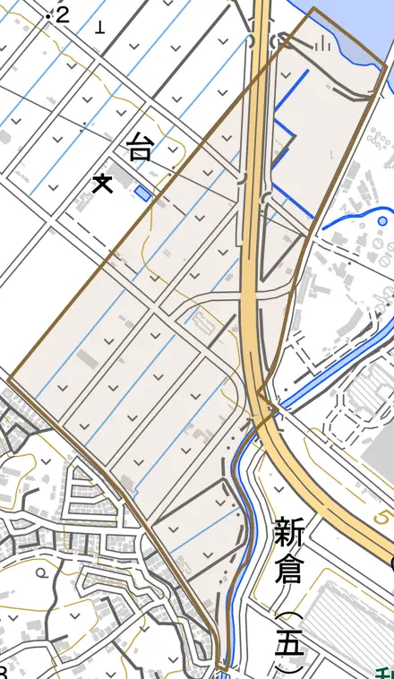 大字台とその周辺の地図。町の範囲を重ねている