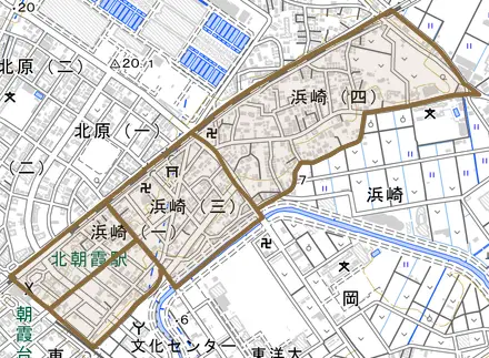 浜崎とその周辺の地図。町の範囲を重ねている