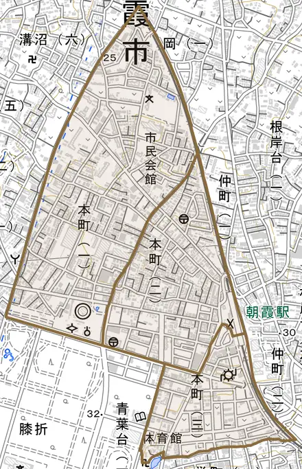 本町とその周辺の地図。町の範囲を重ねている