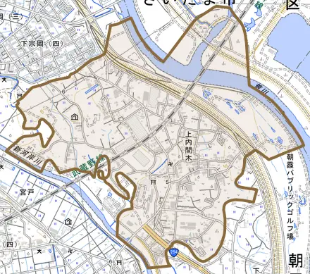 大字上内間木とその周辺の地図。町の範囲を重ねている