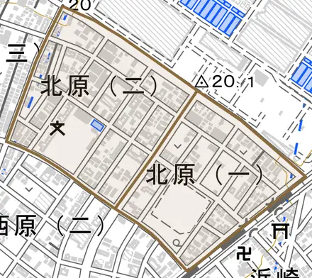 北原とその周辺の地図。町の範囲を重ねている