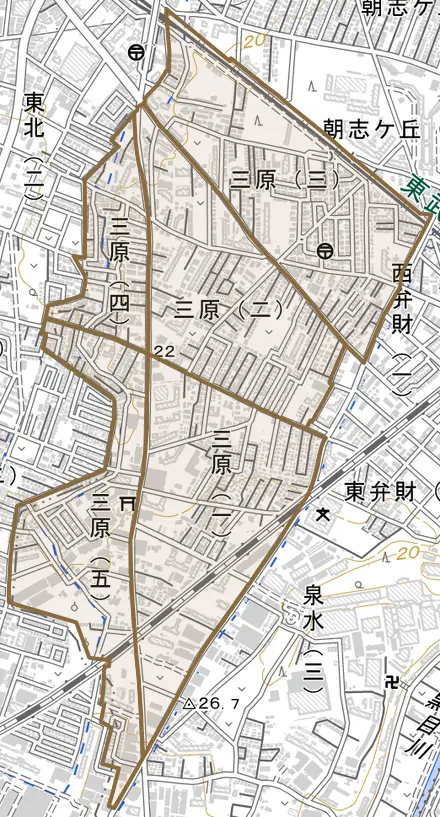 三原とその周辺の地図。町の範囲を重ねている