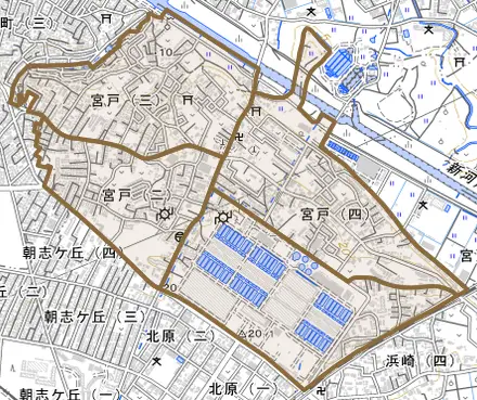宮戸とその周辺の地図。町の範囲を重ねている