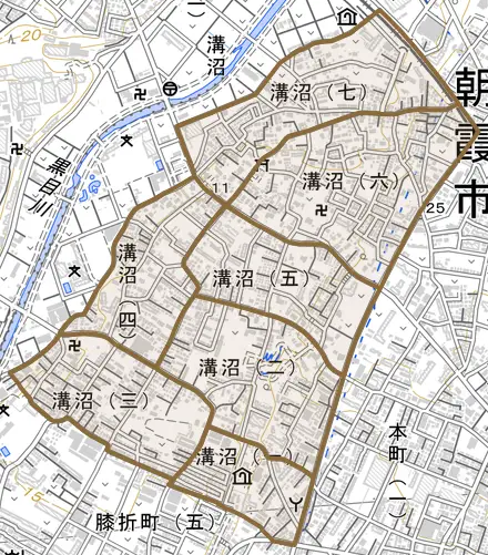 溝沼とその周辺の地図。町の範囲を重ねている