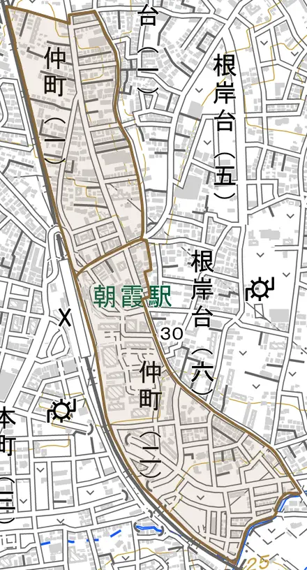 仲町とその周辺の地図。町の範囲を重ねている