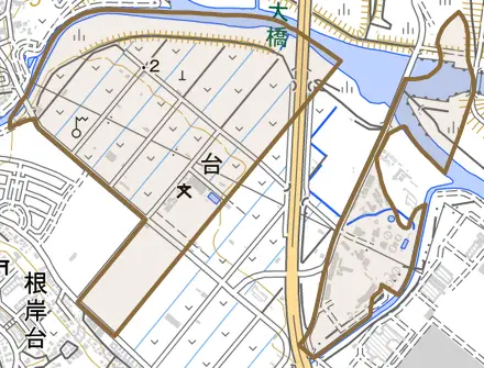 大字根岸とその周辺の地図。町の範囲を重ねている