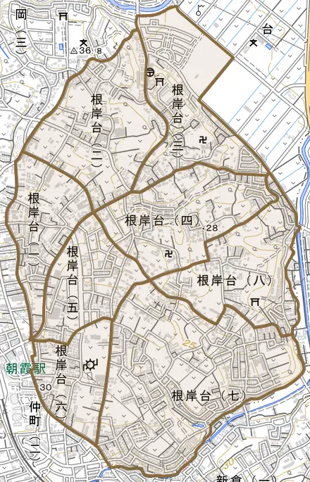 根岸台とその周辺の地図。町の範囲を重ねている